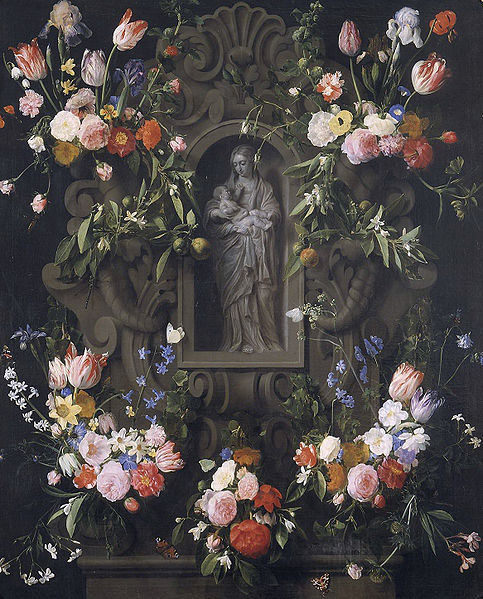 Daniel Seghers Garland of flowers with a sculpture of the Virgin Mary